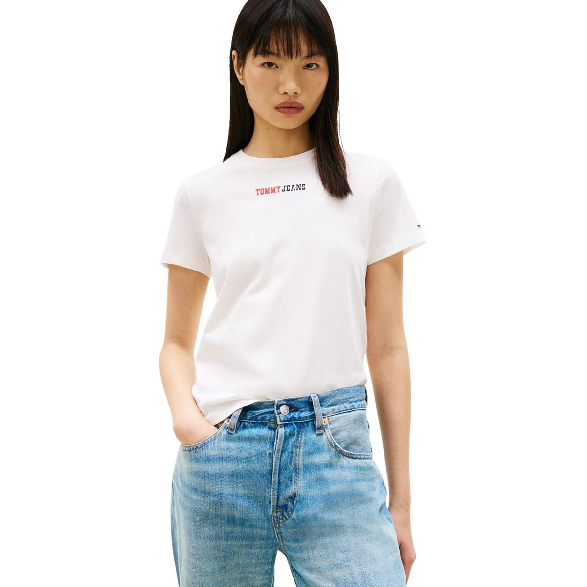 Image 1 : T-shirt femme beige Tommy Hilfiger Jeans en coton bio, vue de face — Delvale