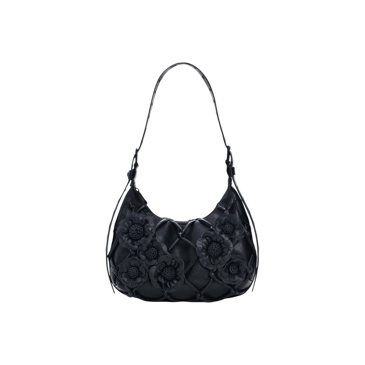 Image 1 : Sac hobo Desigual noir matelassé losanges avec appliques roses sculptées et anse fine — delvale