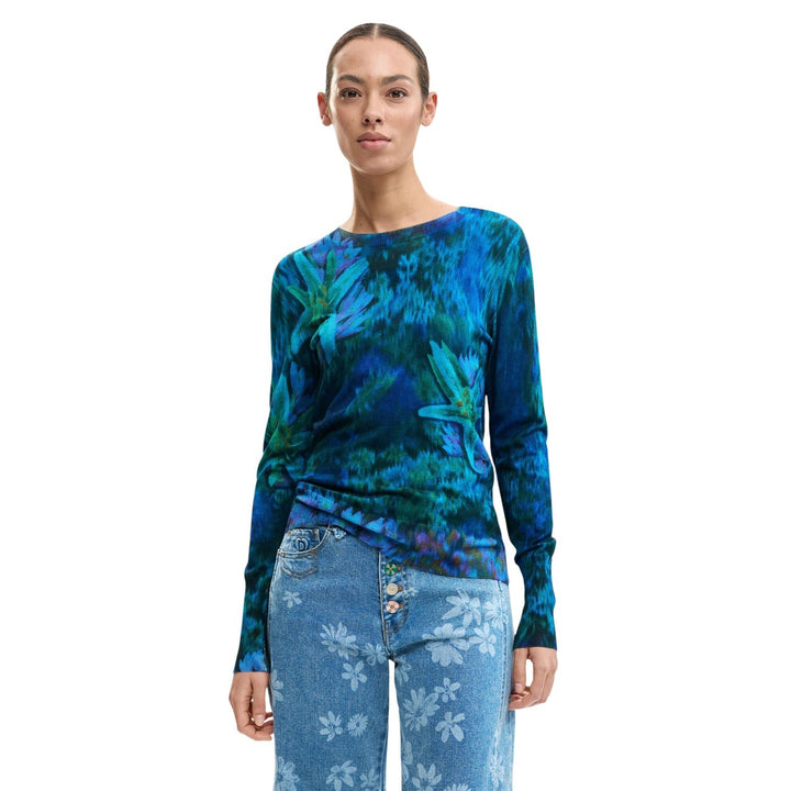 Image 1 : Pull Desigual femme bleu à motifs floraux colorés, manches longues et col rond — delvale