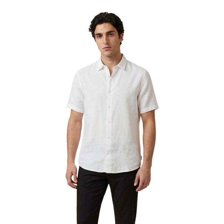 Chemise Armani Exchange homme blanc lin vue portée de face — col classique manches courtes Ref. XM001223