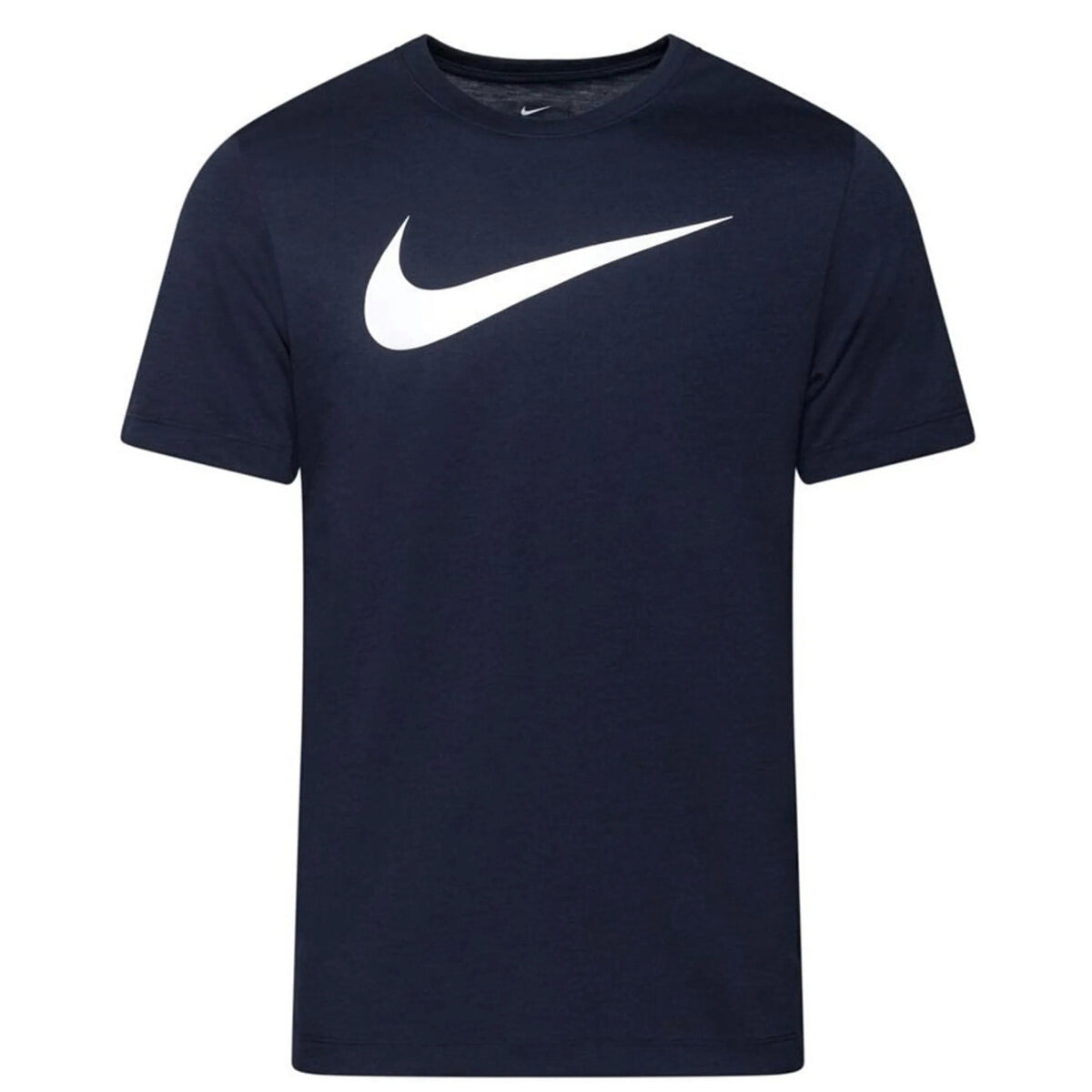 Image 1 : T-shirt Nike homme bleu marine avec grand logo Swoosh blanc imprimé sur la poitrine, vue de face — Delvale