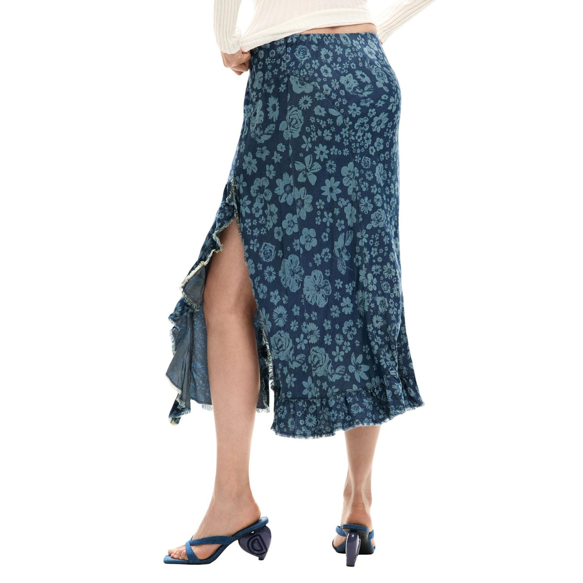 Image 2 : Détail du motif floral artistique de la jupe Desigual femme bleue — delvale