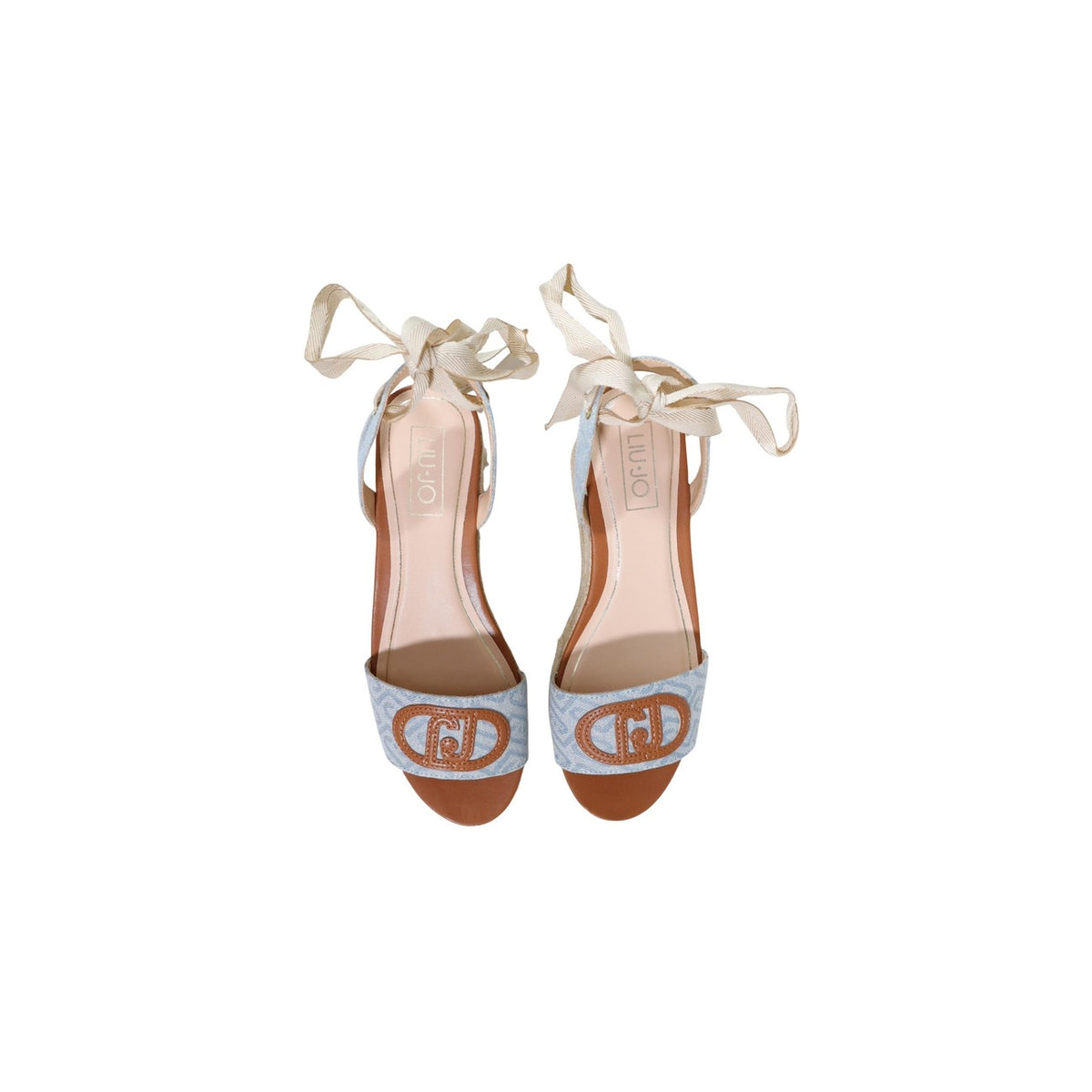 Image 2 : Sandales Liu Jo plateforme en raphia naturel avec tige en denim bleu et logo en relief, lacet cheville texturé, fond blanc — Delvale