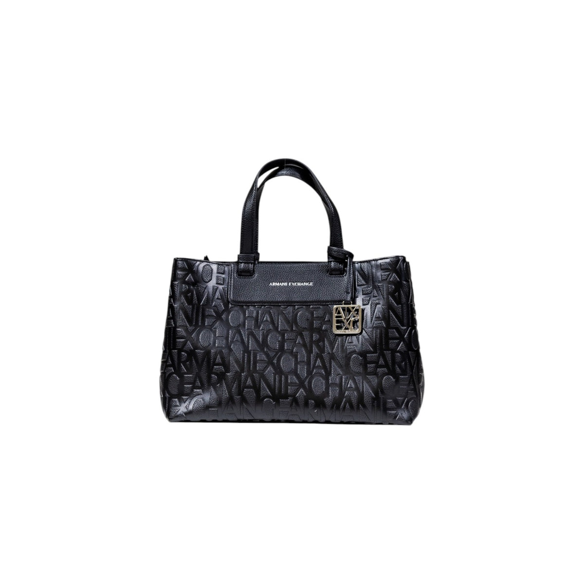 Image 2 : Détail du motif gaufré Armani Exchange sur sac femme noir avec finitions dorées — delvale