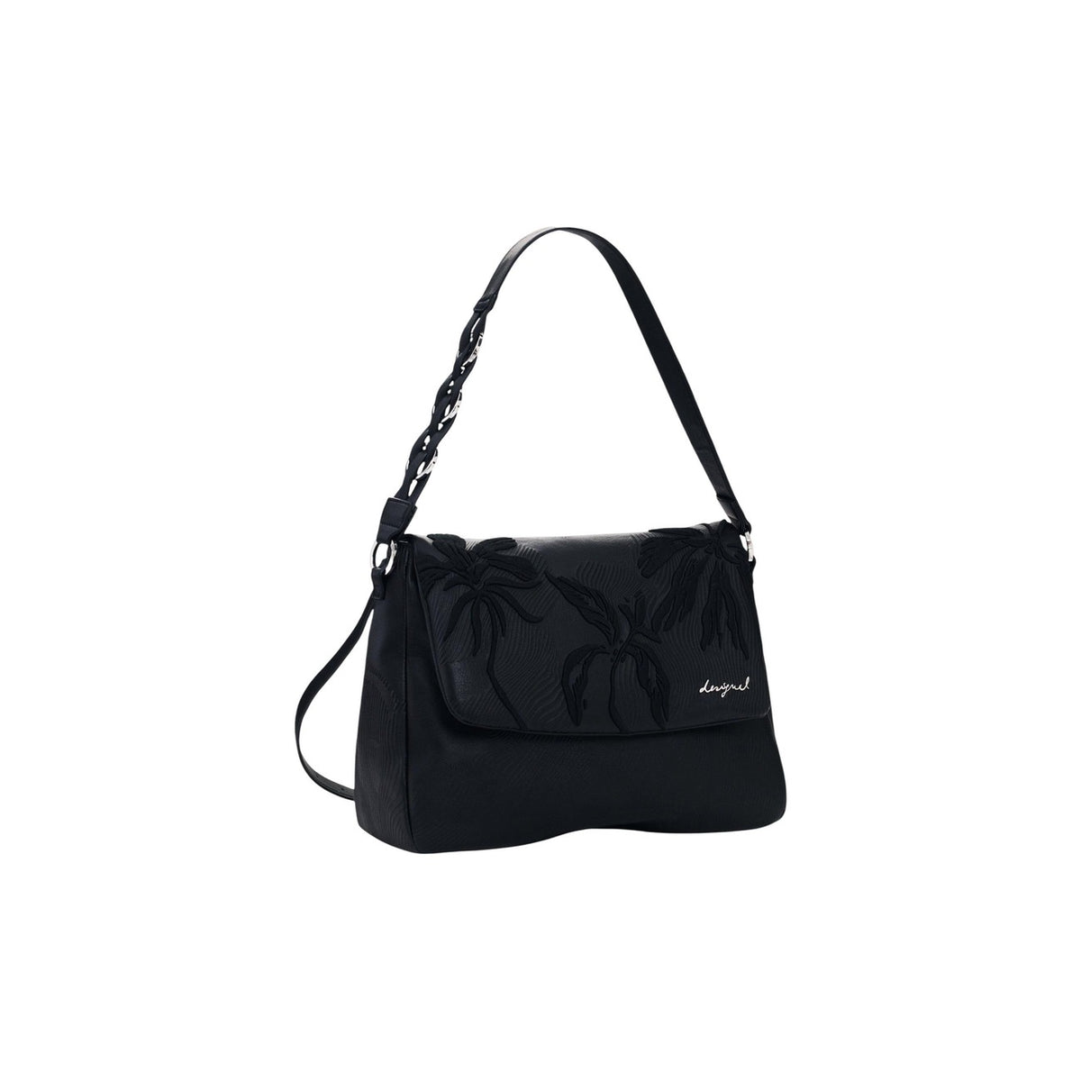 Image 2 : Desigual sac convertible femme noir palmiers brodés velours rabat anse bimatière chaîne tressée blanc noir — vue trois quarts — Delvale