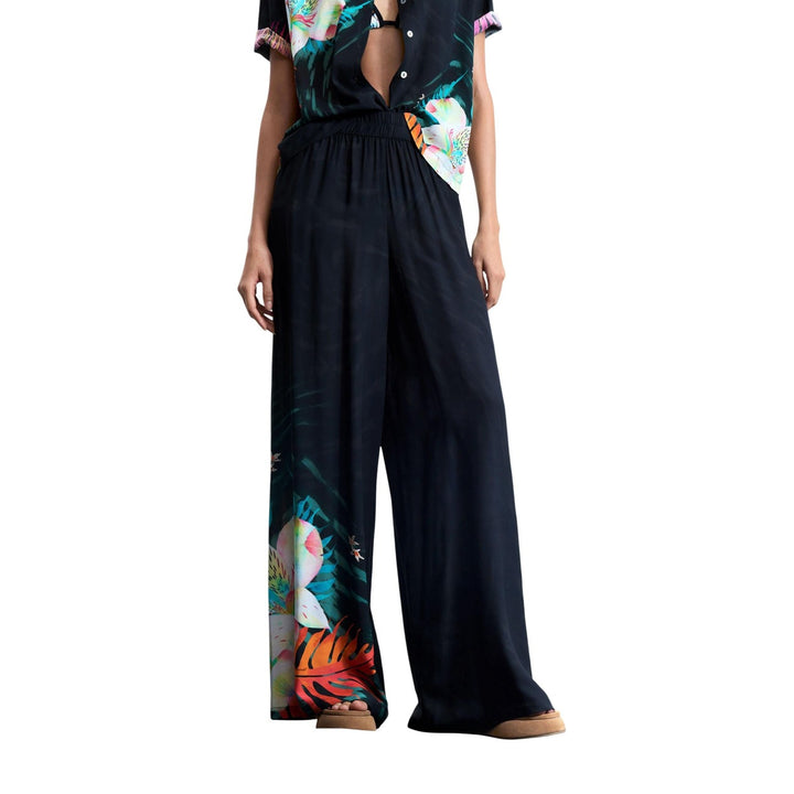 Image 1 : Pantalon Desigual femme noir avec motif floral en viscose, vue de face — Delvale