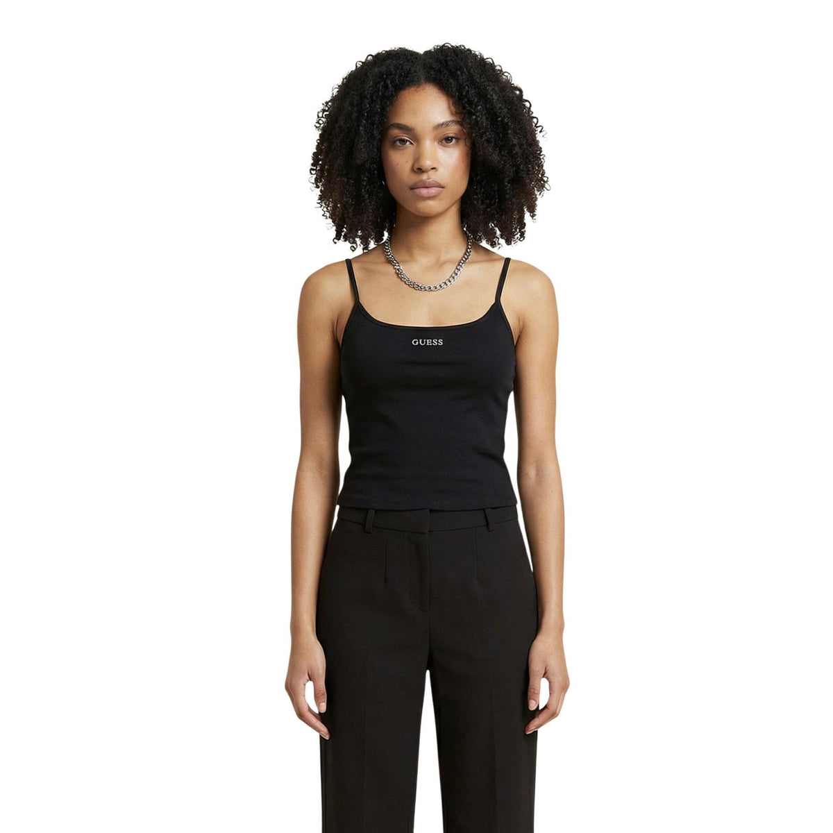 Image 1 : Débardeur Guess femme noir premium avec encolure ronde, vue de face — delvale