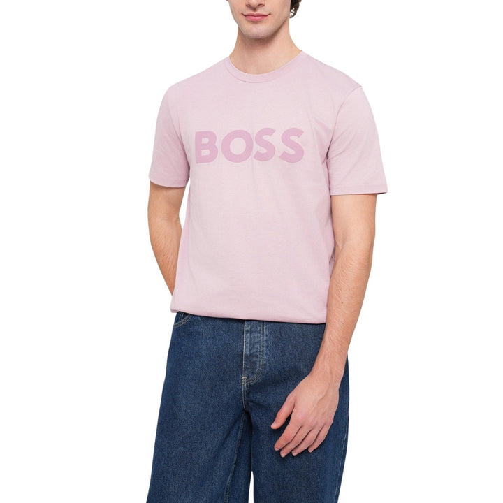 T-shirt Boss homme rose poudré coupe régulière encolure ronde, vue trois quarts