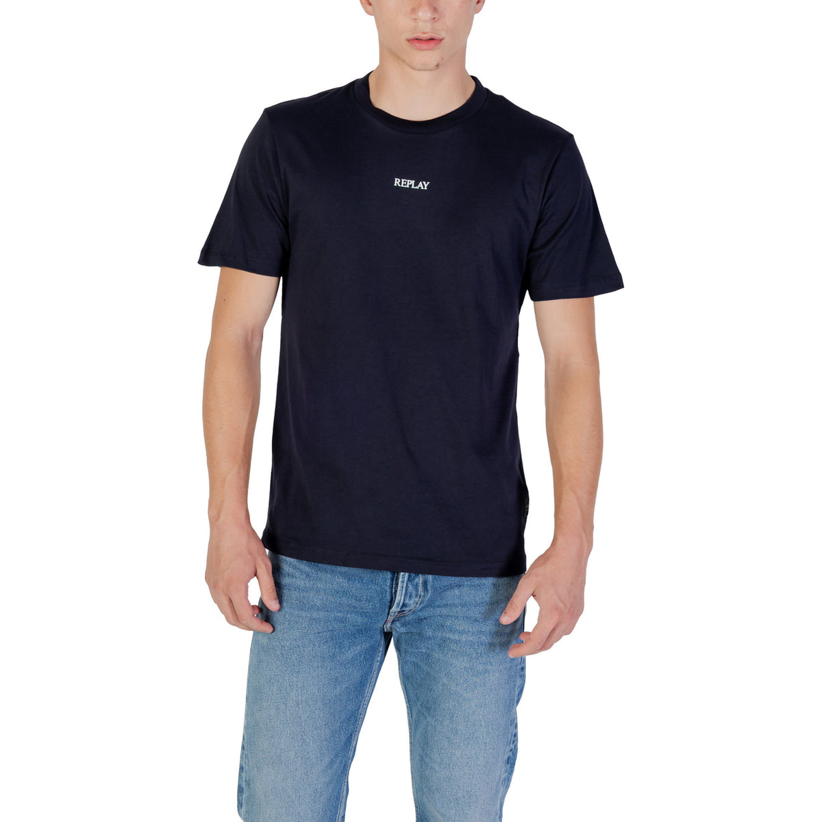 Image 1 : T-shirt Replay homme bleu avec impression frontale, manches courtes et col rond — Delvale