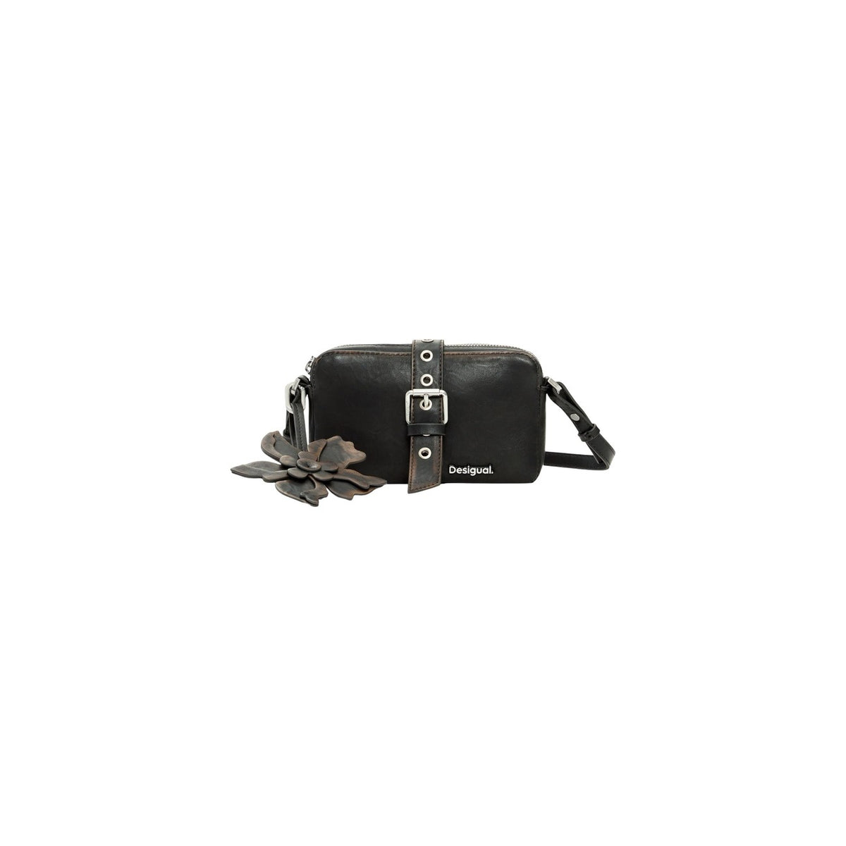 Image 1 : Sac bandoulière Desigual marron vieilli format mini avec breloque fleur et détails métalliques — delvale