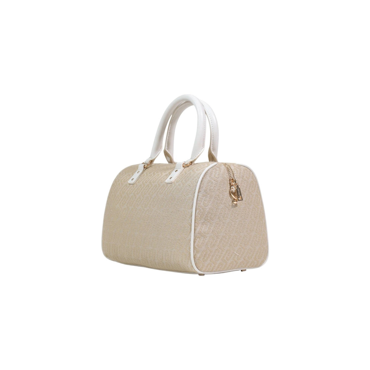 Image 4 : Vue de côté du sac bowling cylindrique Liu Jo Milano monogramme beige et bordures blanches — Delvale