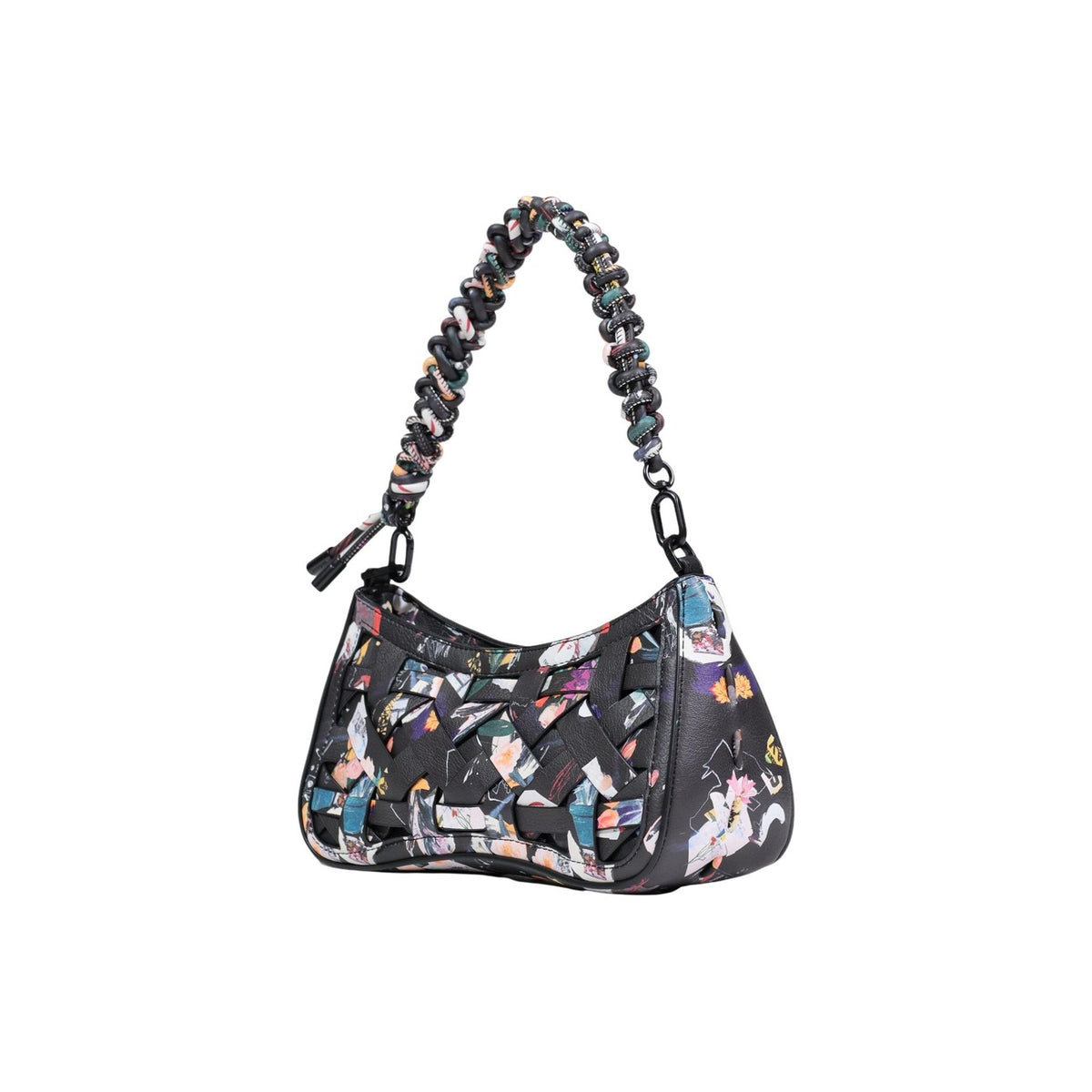 Image 2 : Desigual sac baguette femme noir lanières tissu imprimé tressées croisées anse chaîne colorée — vue trois quarts — Delvale