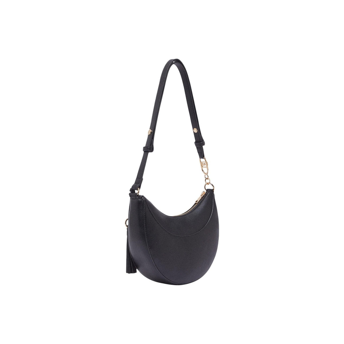 Image 3 : Détail quincaillerie dorée du sac Liu Jo hobo noir — anneau, mousqueton et pompon sur fond blanc — Delvale