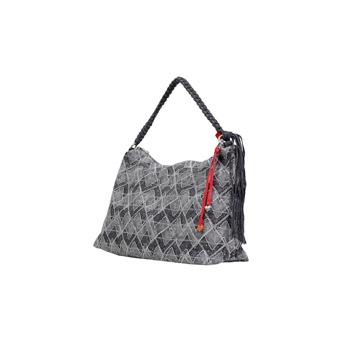 Image 2 : Desigual grand sac hobo femme gris anthracite délavé motif losanges chevrons surpiqués anse tressée noire pompon lien rouge — vue trois quarts — Delvale