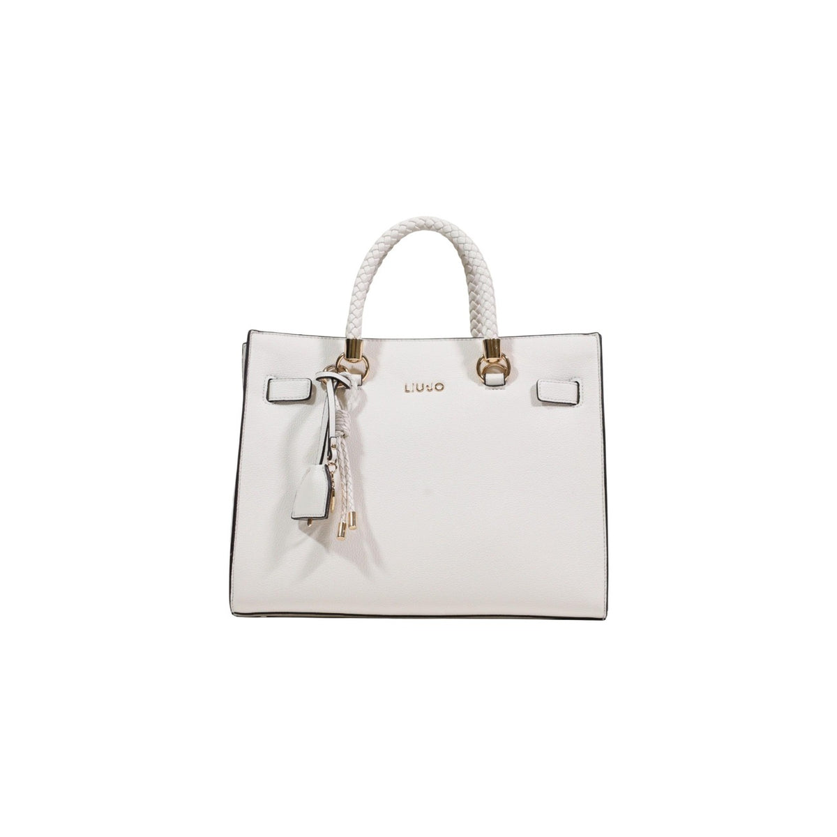 Image 1 : Sac à main structuré Liu Jo blanc vue de face avec anses tressées et charm doré — Delvale