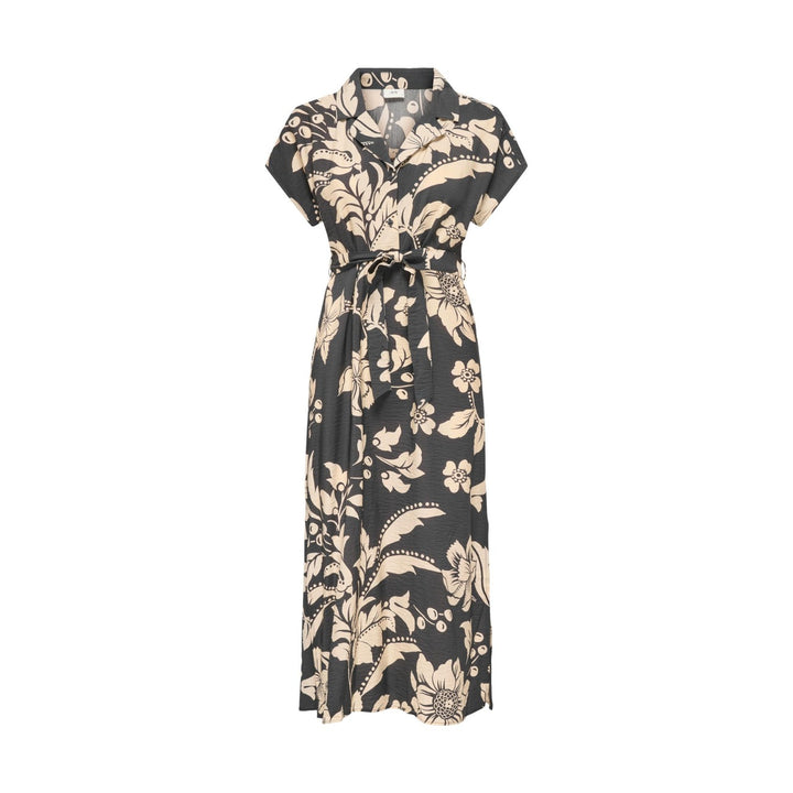Image 1 : Robe noire florale Jacqueline De Yong avec col V et ceinture, vue de face — delvale