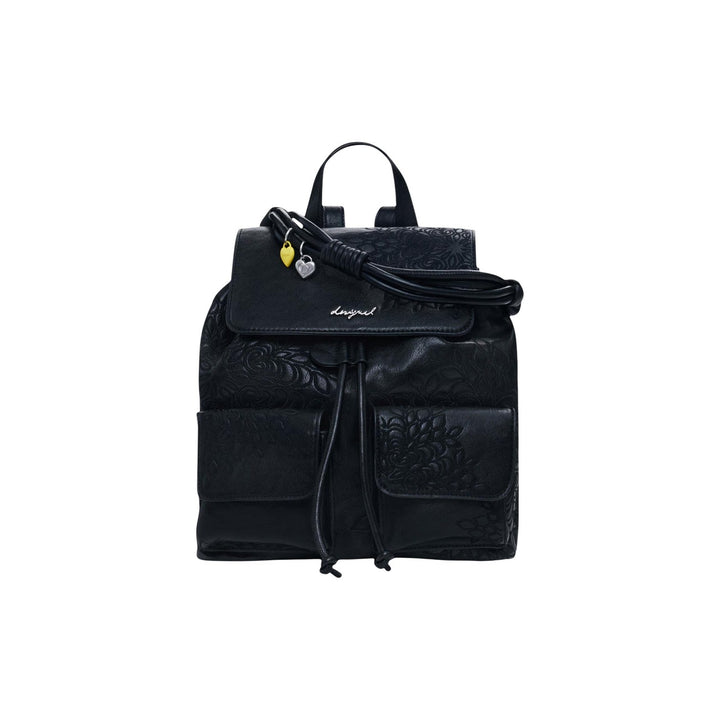 Image 1 : Sac à dos Desigual noir grand format avec motifs floraux gaufrés et anses perlées dorées — delvale