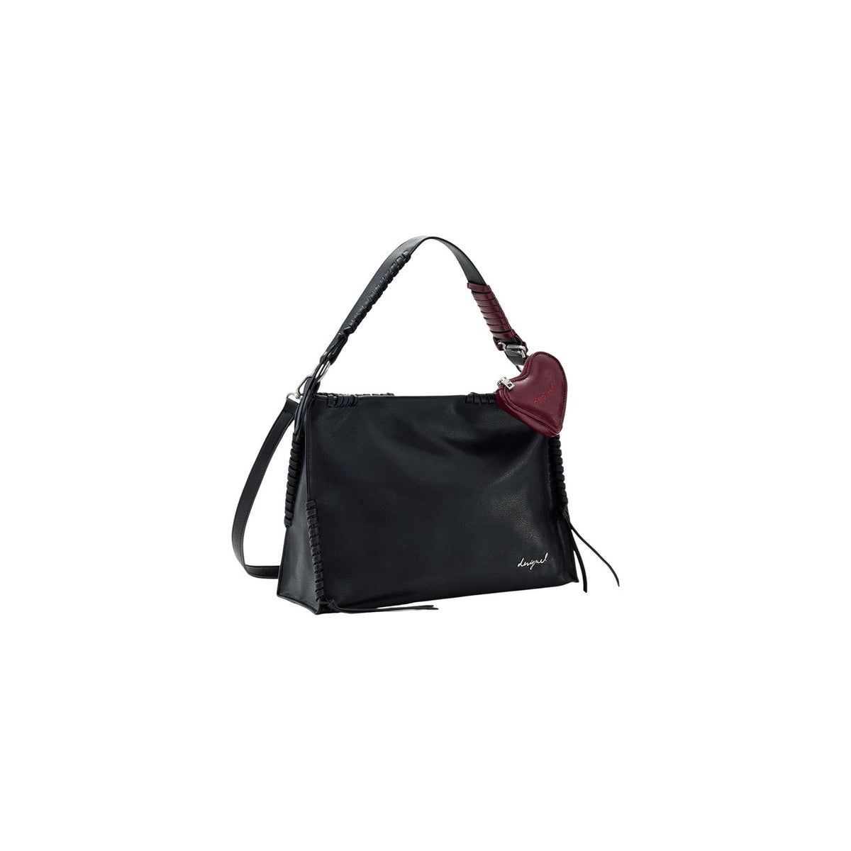 Image 3 : Vue d'ensemble du sac à main Desigual noir avec sa pochette cœur bordeaux signature brodée rouge — delvale