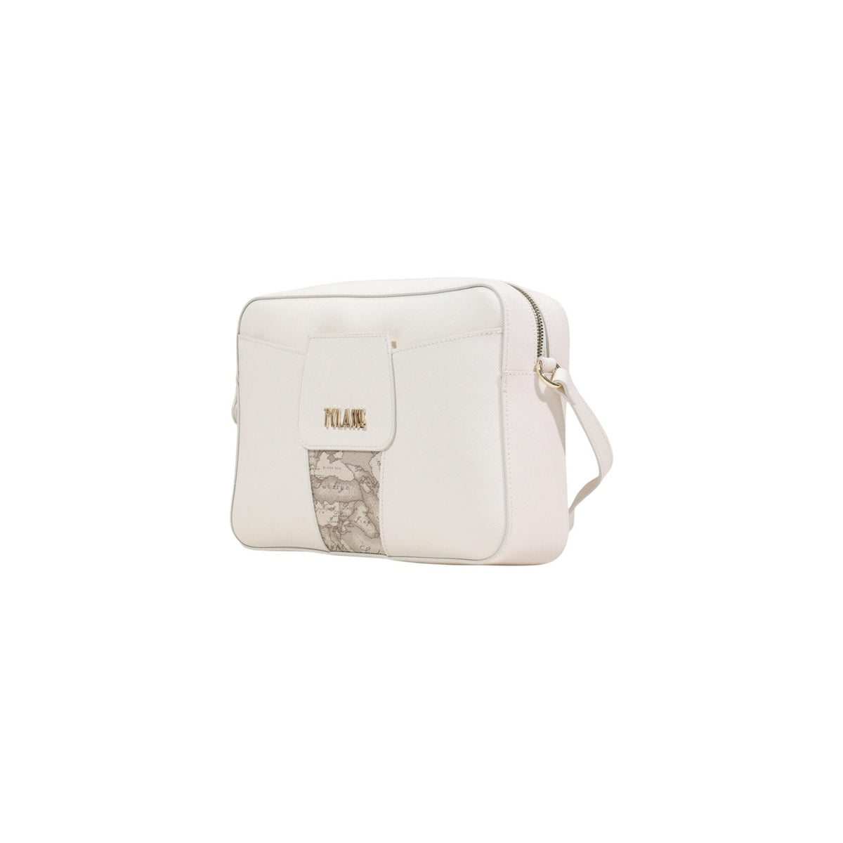 Image 3 : Détail du motif carte géographique signature et du logo Prima Classe en métal doré sur le sac bandoulière beige Alviero Martini — Delvale
