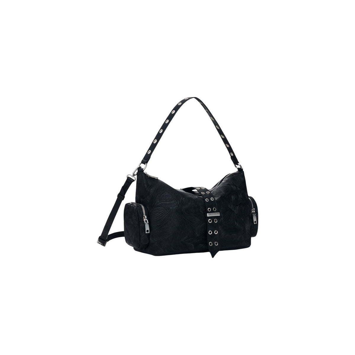 Image 2 : Détail du motif végétal gaufré ton sur ton du sac hobo Desigual noir — delvale