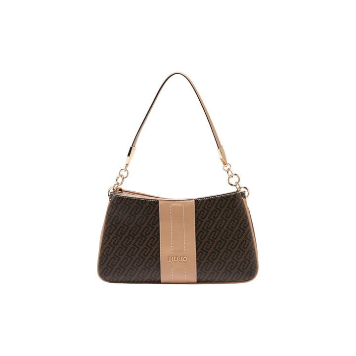 Image 1 : Sac baguette Liu Jo monogramme marron et camel avec bandoulière chaîne dorée, vue face — Delvale