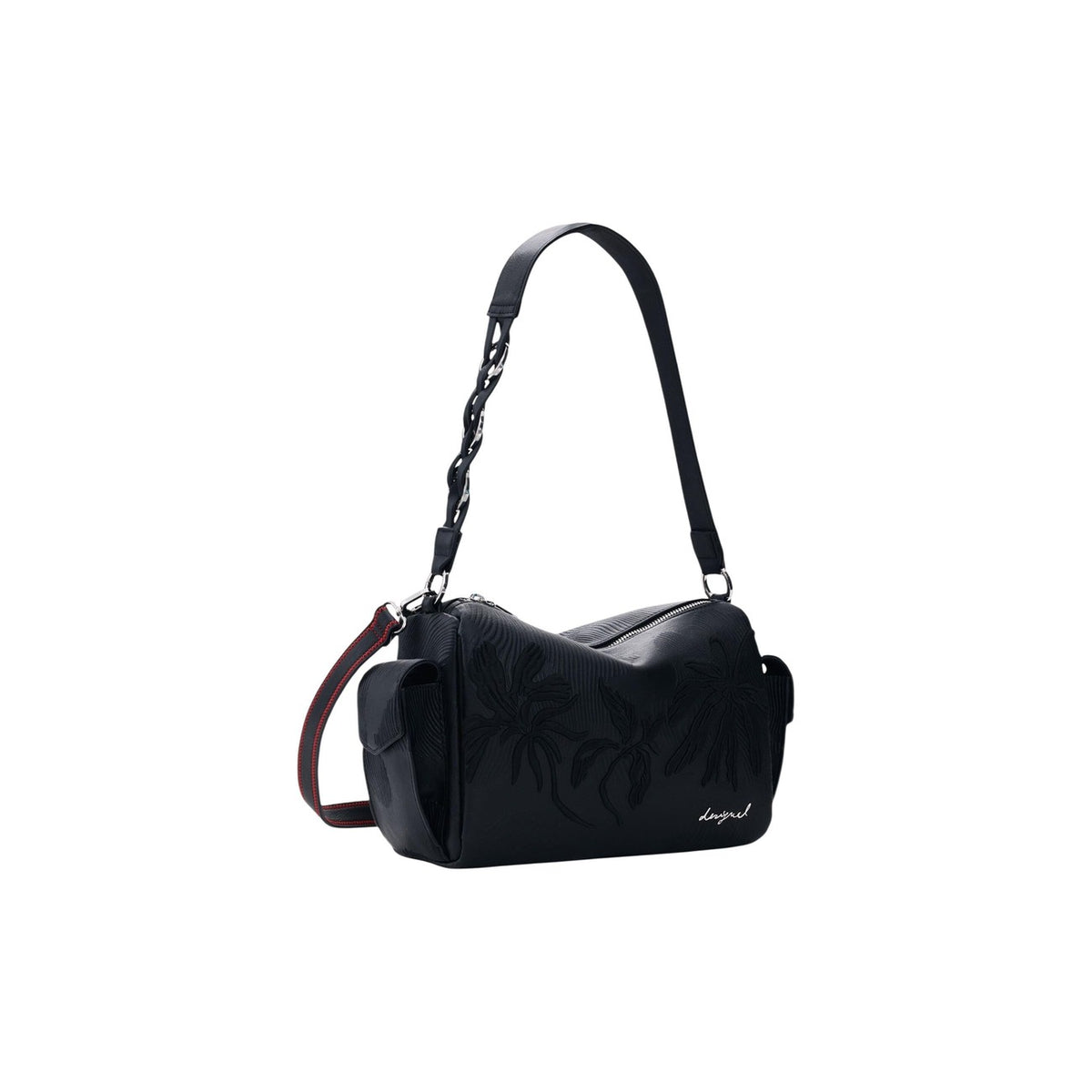 Image 2 : Détail broderie palmiers ton sur ton sur sac Desigual noir texturé — delvale