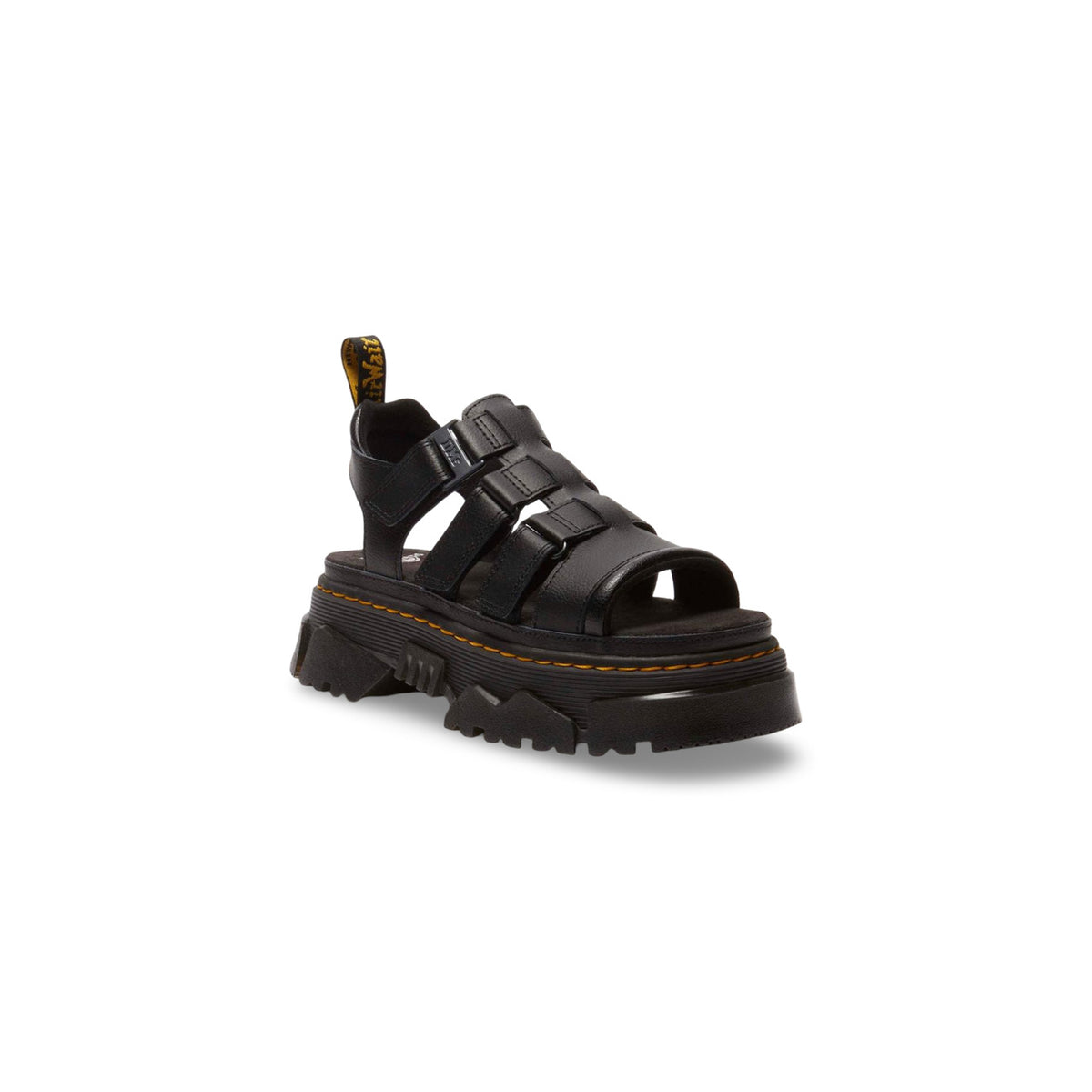 Image 4 : Semelle crantée épaisse des sandales Dr. Martens Mattison noires, détail grip et surpiqûres jaunes iconiques — Delvale