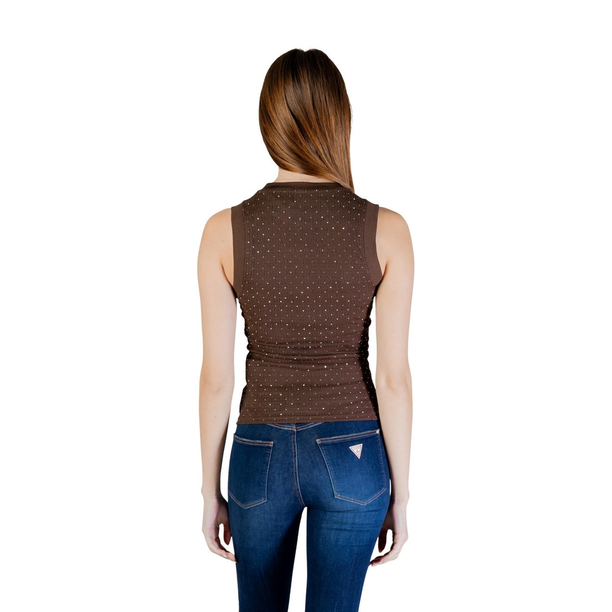 Image 3 : Débardeur Guess femme marron col rond élégant, vue portée — delvale