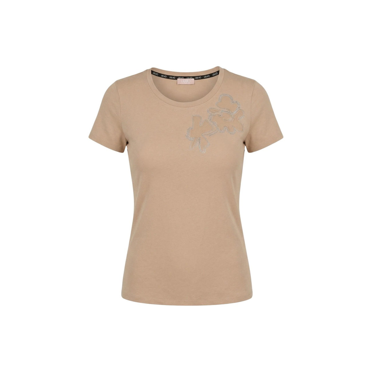 Image 3 : Vue rapprochée du t-shirt Liu Jo beige, mise en valeur de la broderie strass argentée sur la poitrine — Delvale