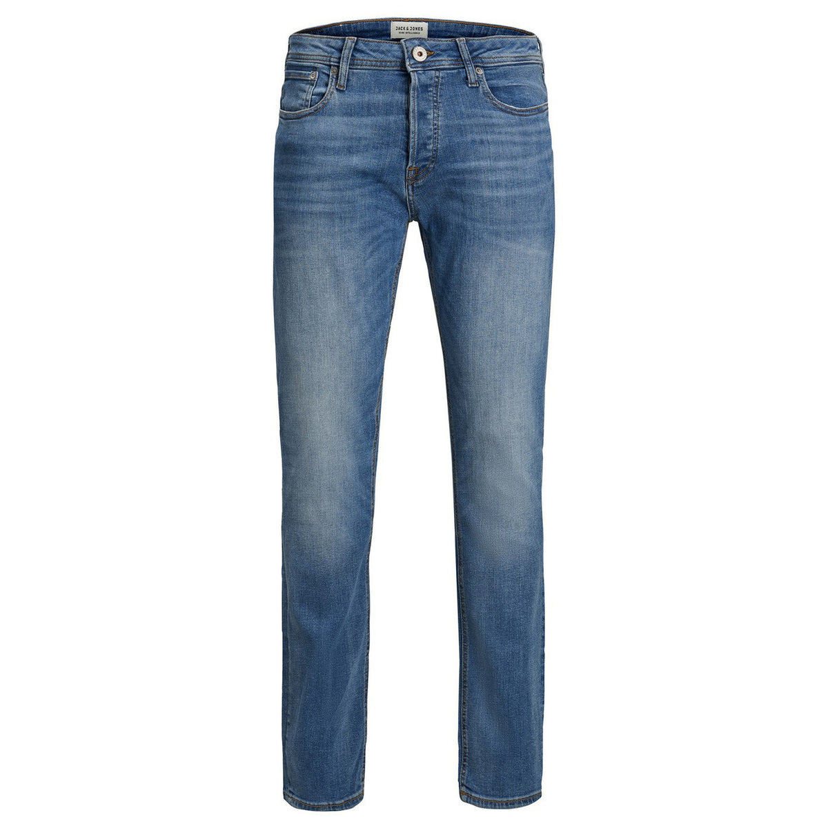 Image 1 : Jean homme Jack & Jones bleu effet usé, coupe ajustée avec fermeture zip et bouton — delvale