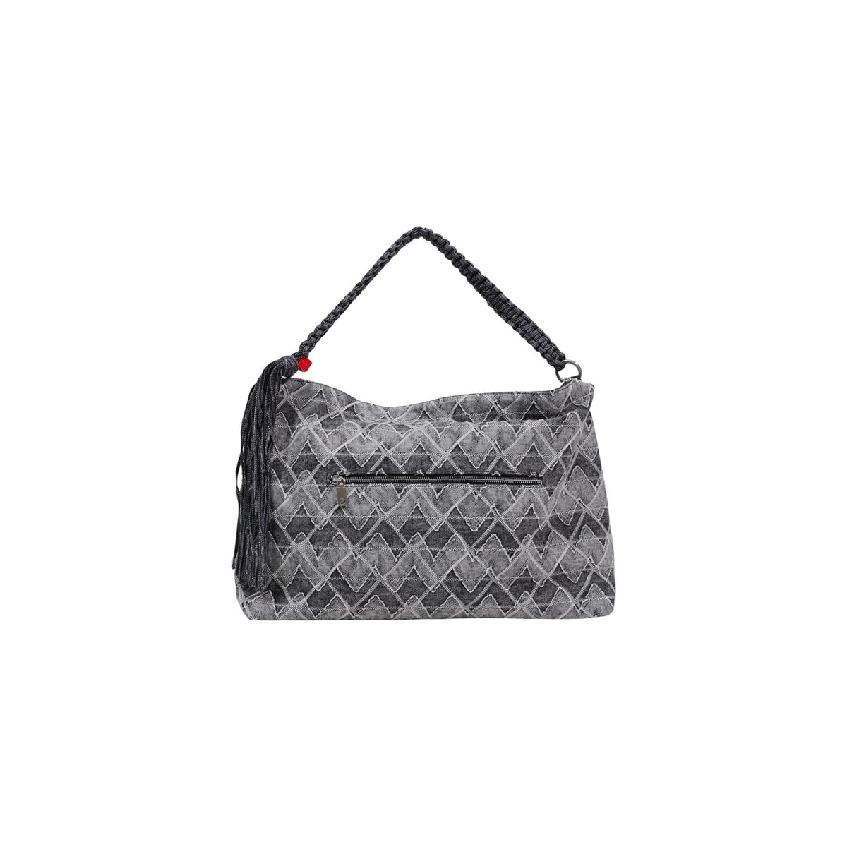 Image 3 : Desigual grand sac hobo femme denim gris motif géométrique surpiqué poche extérieure dos zip pompon gris — vue dos — Delvale