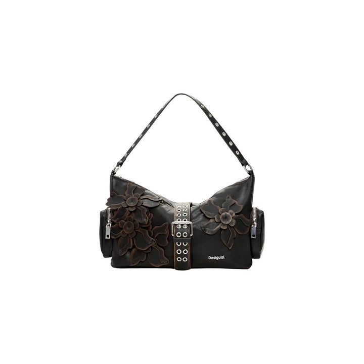 Image 1 : Sac à main Desigual marron grand format avec appliques florales brodées et ceinture œillets — delvale