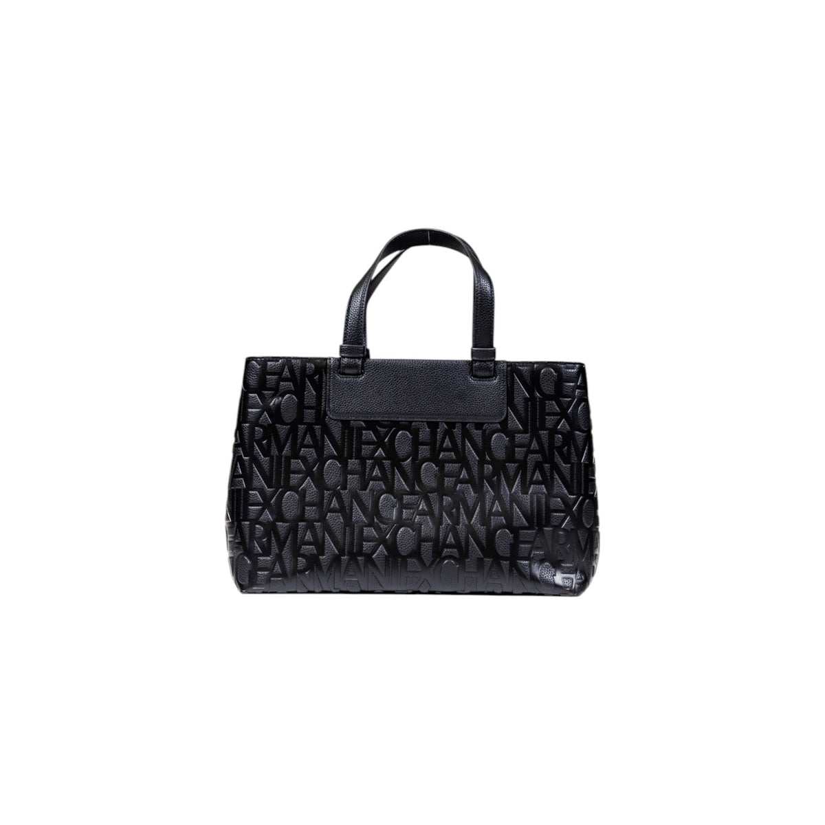 Image 3 : Vue d'ensemble du sac Armani Exchange noir texturé avec poignées et plaque métallique dorée — delvale