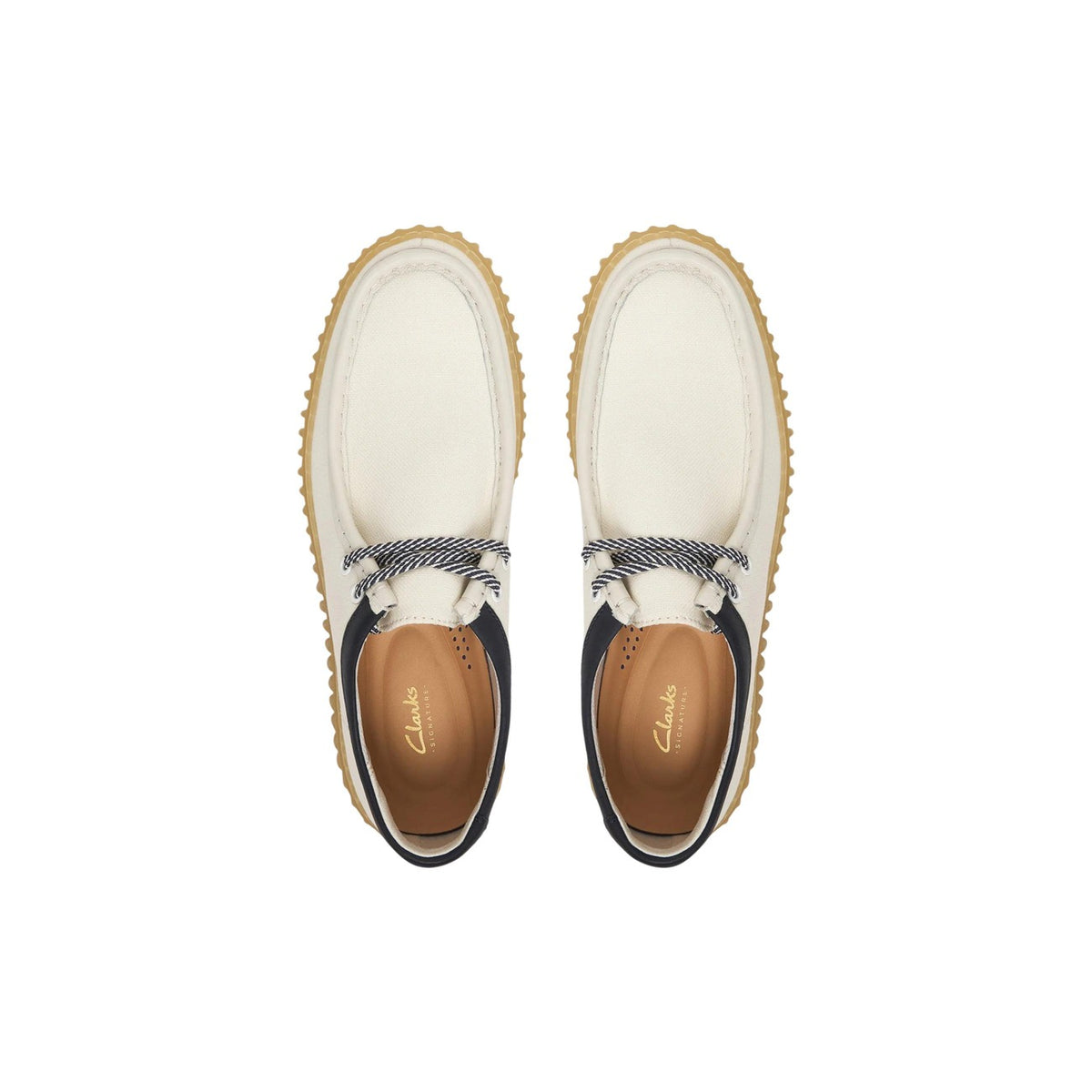 Image 5 : Vue dessus du derby Clarks homme ecru avec couture moc-toe et lacet tressé marine — Delvale