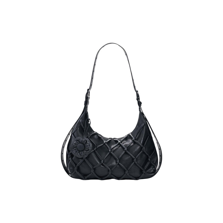 Image 1 : Sac hobo Desigual noir avec filet tressé losangé et breloque fleur, vue principale — delvale