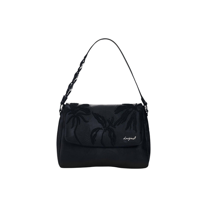 Image 1 : Desigual sac convertible femme noir rabat palmiers brodés relief anse bimatière logo cursif blanc — vue face — Delvale