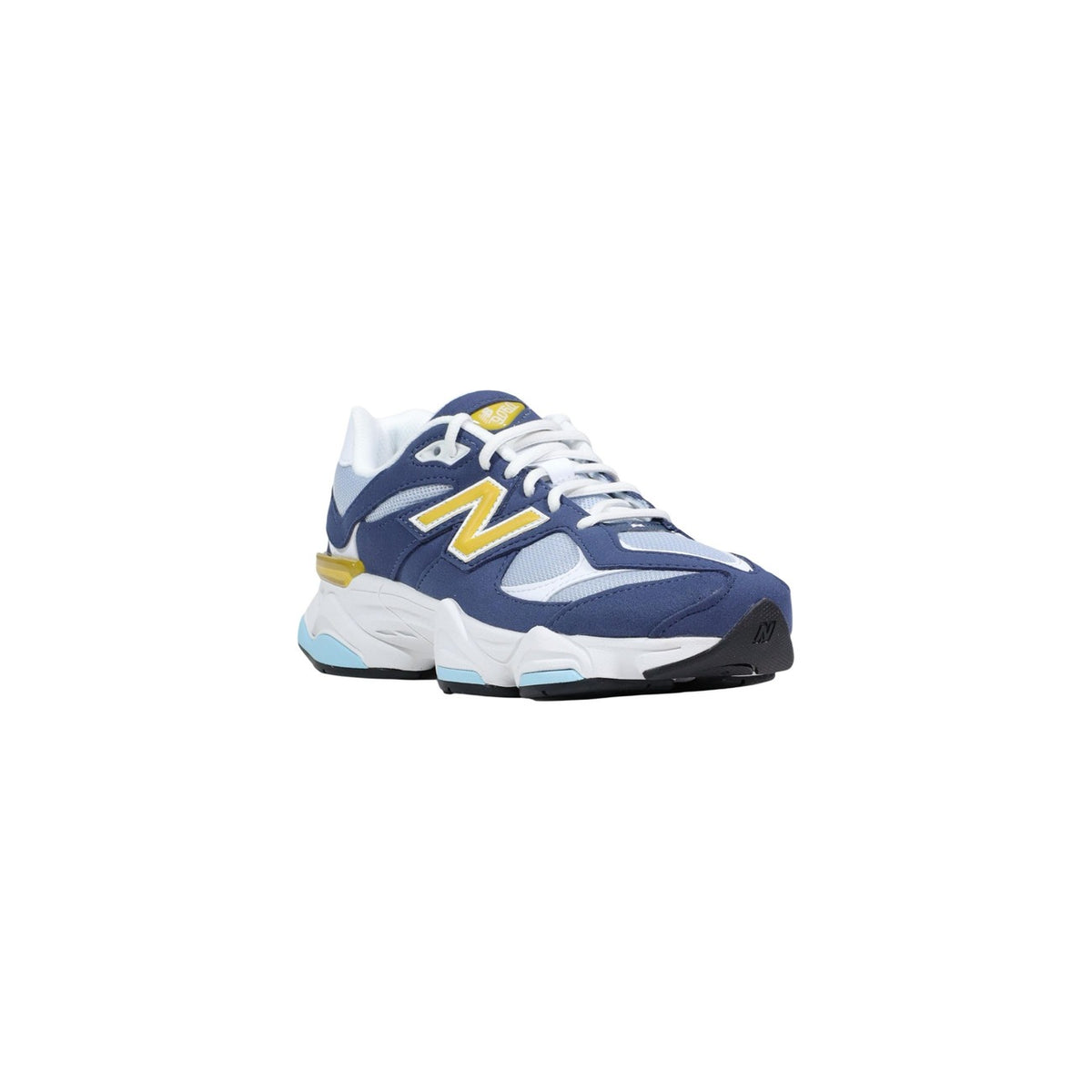 Image 2 : New Balance 9060 femme coloris bleu et jaune, détail de la tige et semelle — Delvale