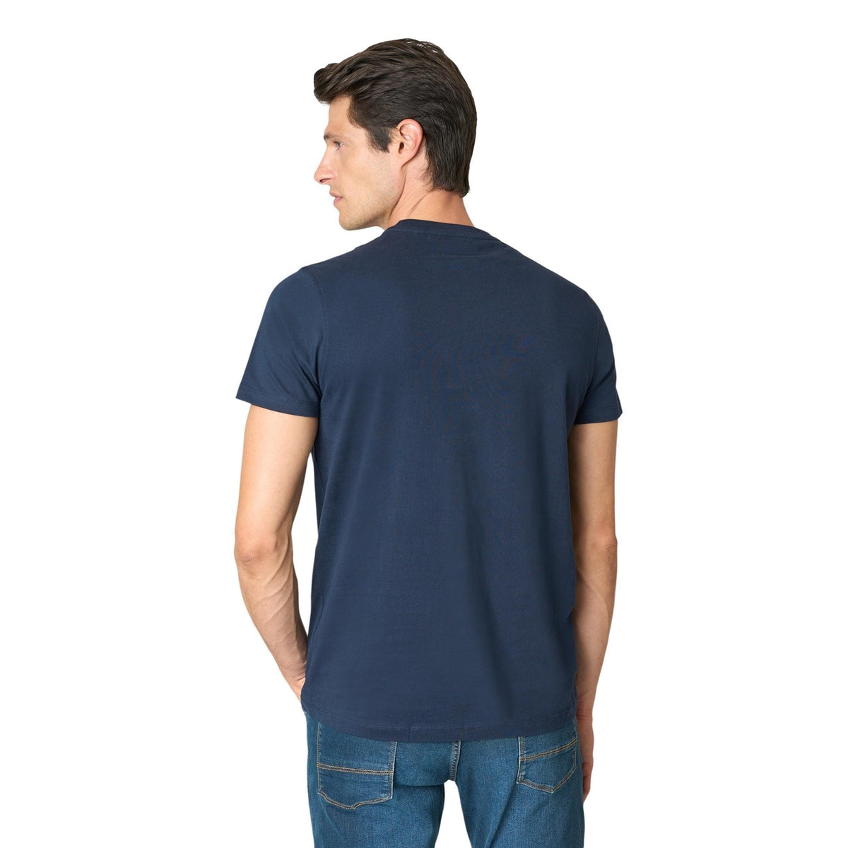 Image 2 : T-shirt U.S. Polo Assn. homme bleu marine vue trois quarts portée, coupe droite régulière en coton jersey — Delvale