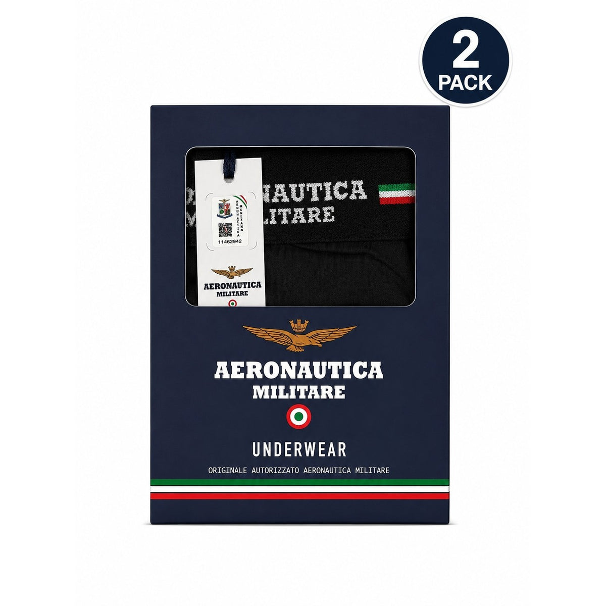 Image 3 : Détail de la ceinture élastique large Aeronautica Militare avec rayures tricolores italiennes sur boxer noir homme — Delvale