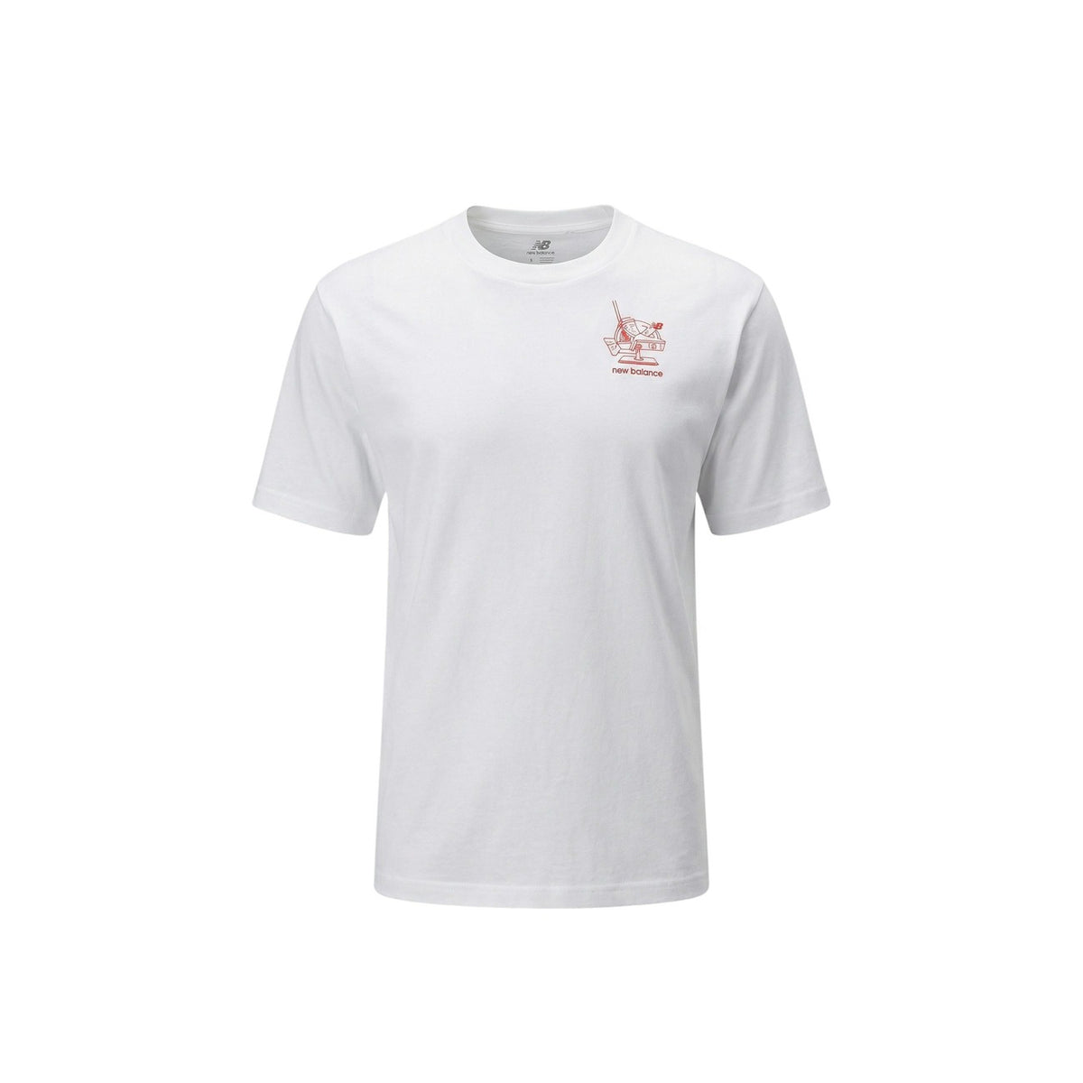 Image 4 : Vue trois quarts du t-shirt New Balance homme noir, coupe régulière et col rond, associé à un jean blanc — Delvale