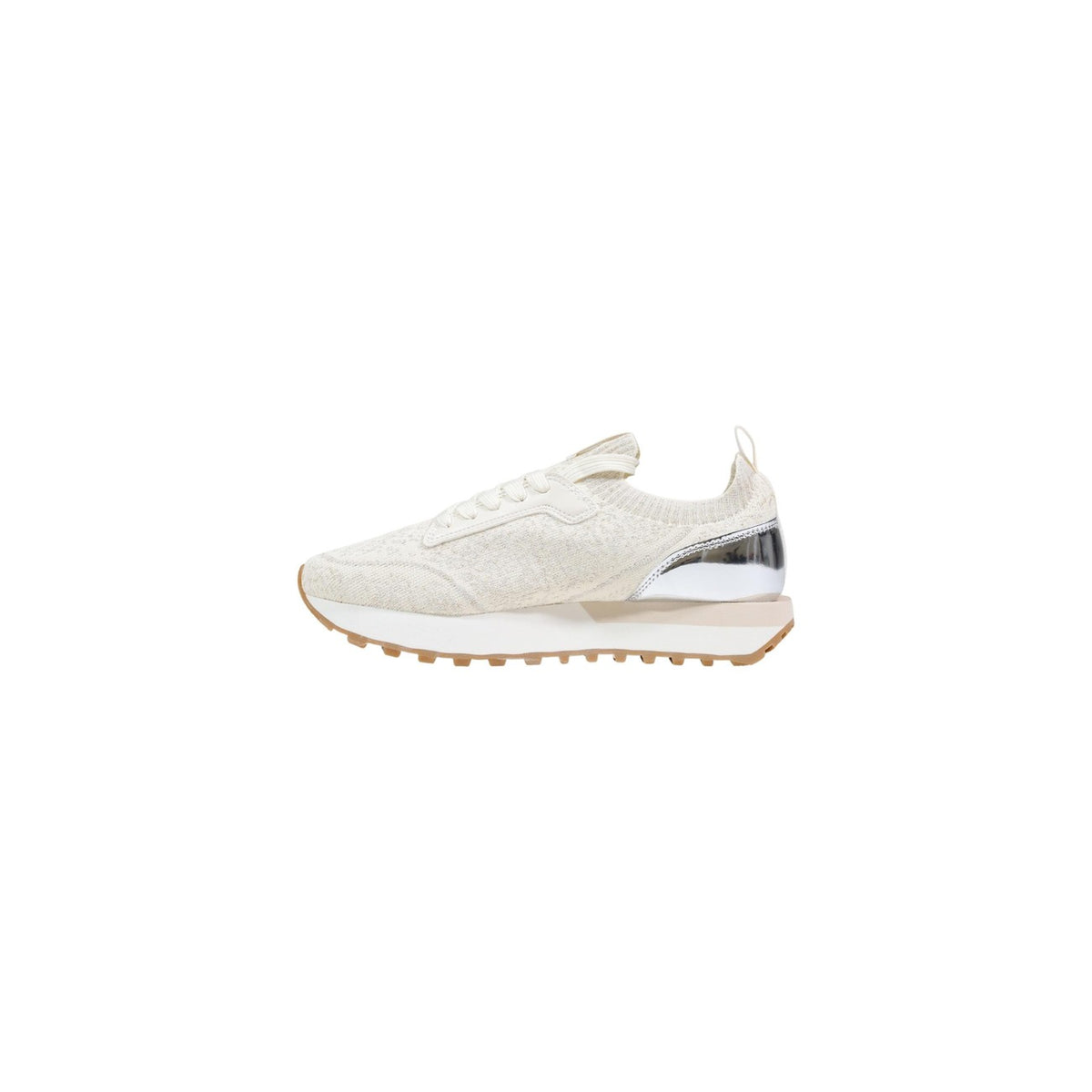 Image 3 : Vue latérale sneaker Liu Jo femme beige avec finition argentée au contrefort et semelle extérieure caoutchouc caramel striée — Delvale