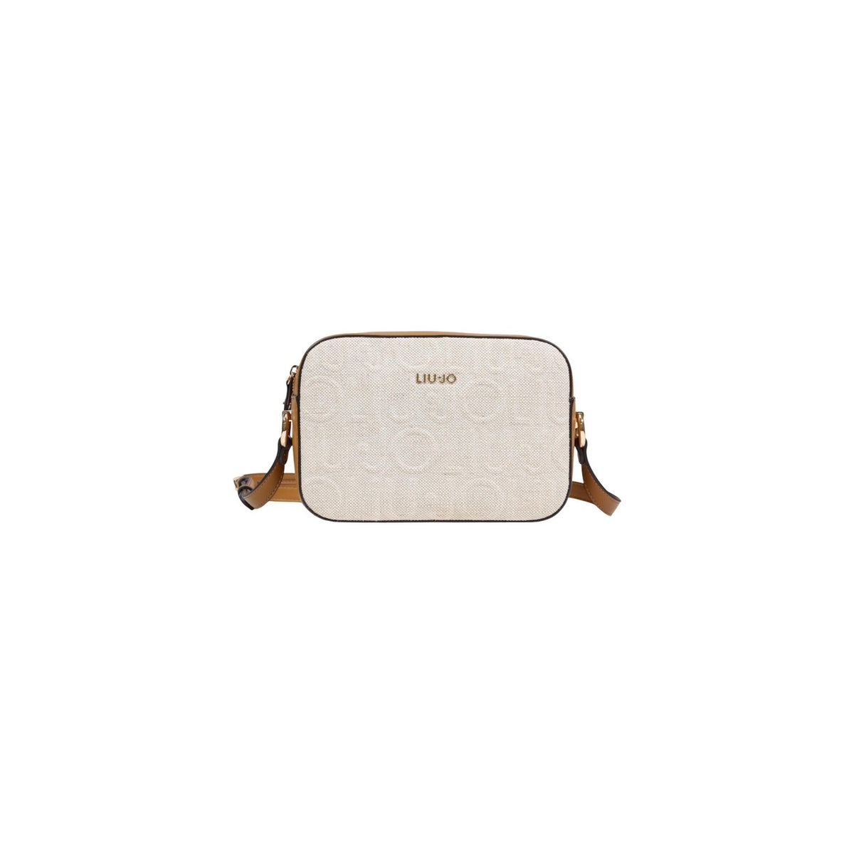 Image 1 : Sac bandoulière Liu Jo femme compact en coton-lin beige avec motif en relief, bandoulière camel et finitions dorées, vue de face — Delvale