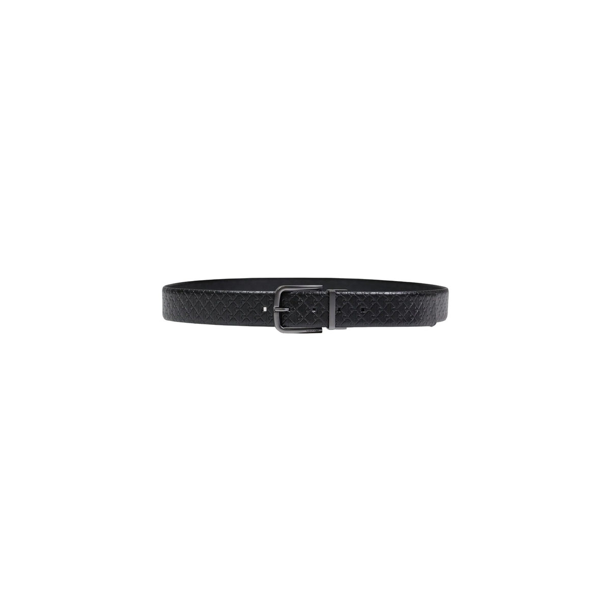 Image 1 : Ceinture Calvin Klein homme en cuir noir embossé motif géométrique avec boucle métal anthracite, vue de face enroulée — Delvale