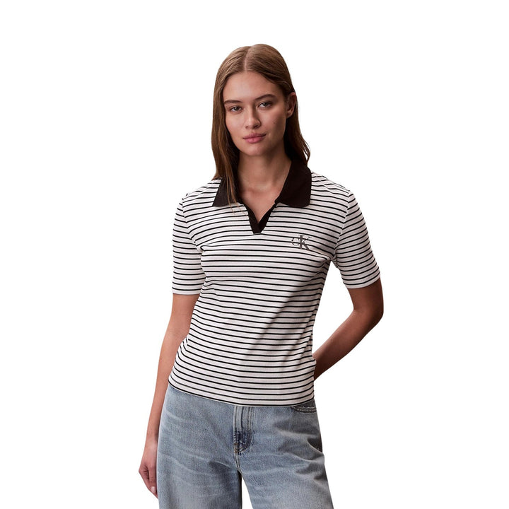 Image 1 : Polo Calvin Klein Jeans femme noir à rayures, col V et manches courtes — Delvale