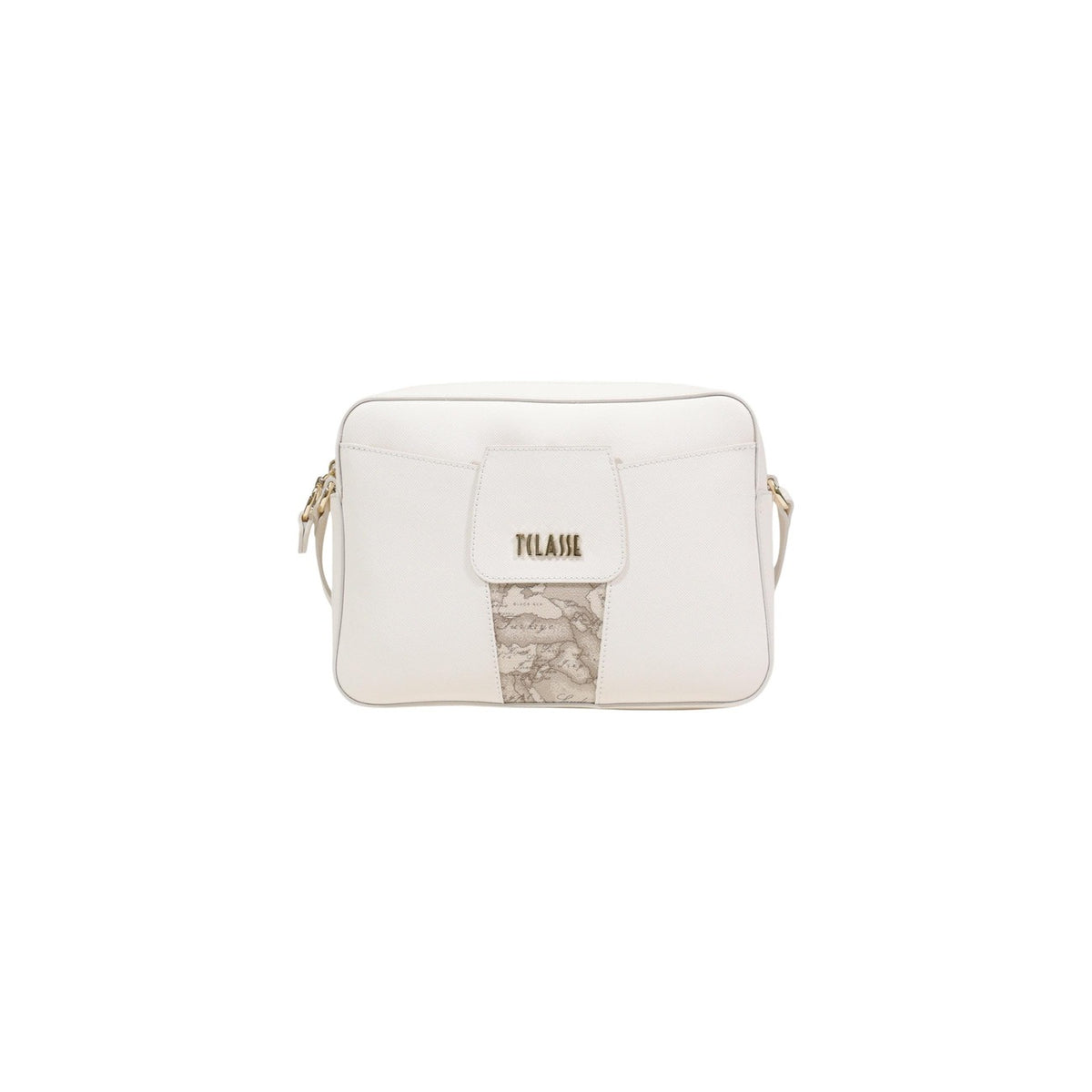 Image 1 : Sac bandoulière Alviero Martini Prima Classe beige de face, motif carte géographique emblématique et logo métal doré sur poche frontale — Delvale