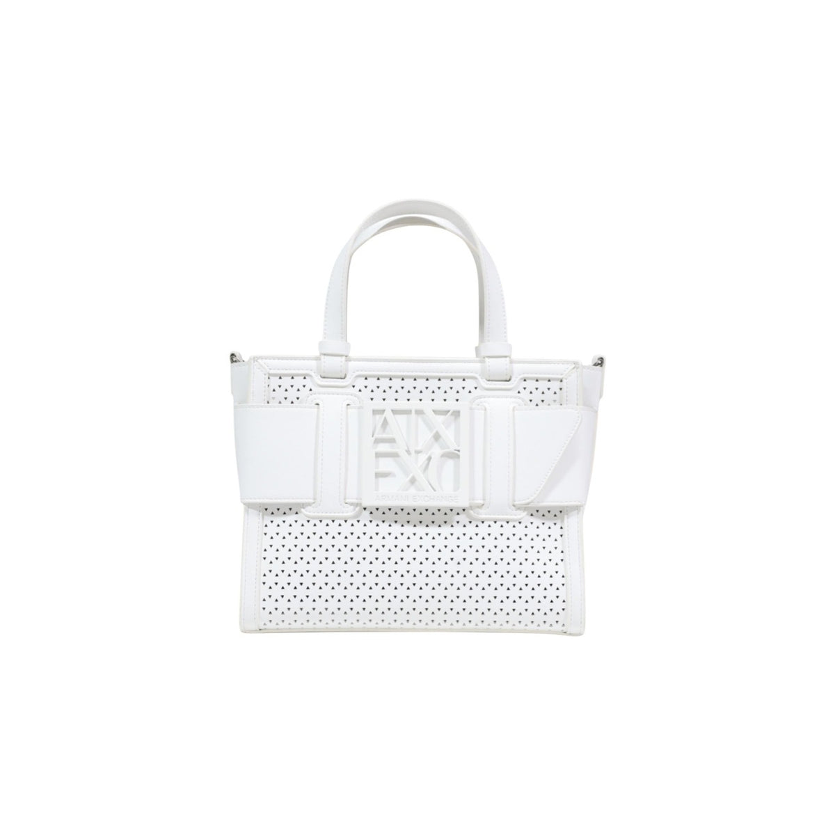 Image 1 : Sac à main Armani Exchange blanc avec motif perforé géométrique et plaque AX signature — delvale
