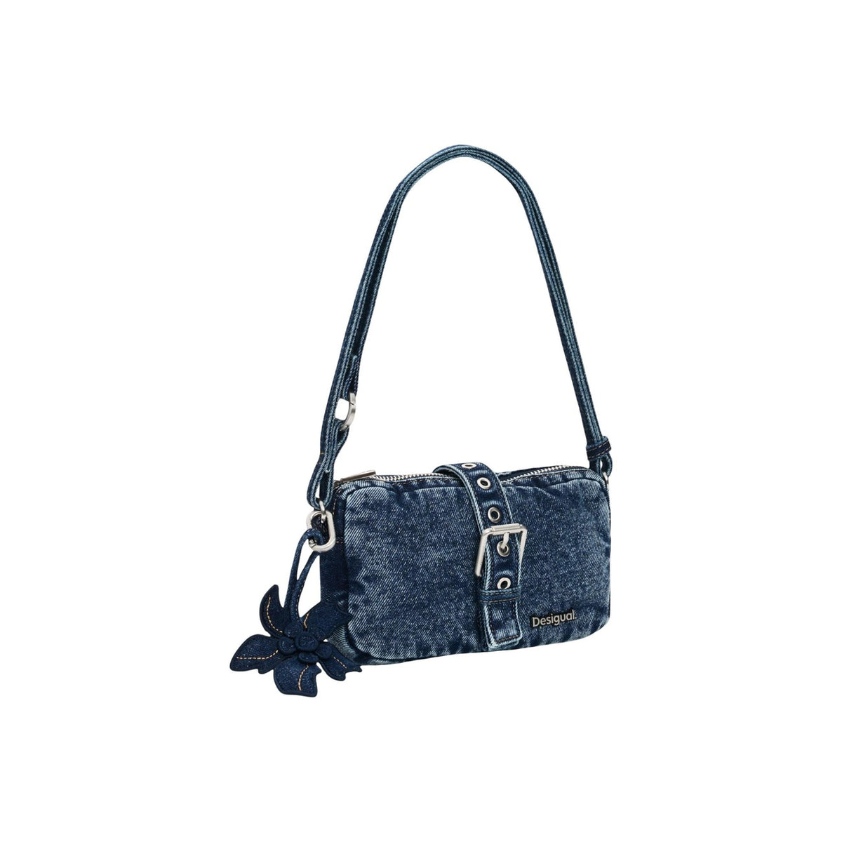 Image 2 : Détail du sac Desigual femme bleu denim avec breloque fleur et finitions stone-washed — delvale