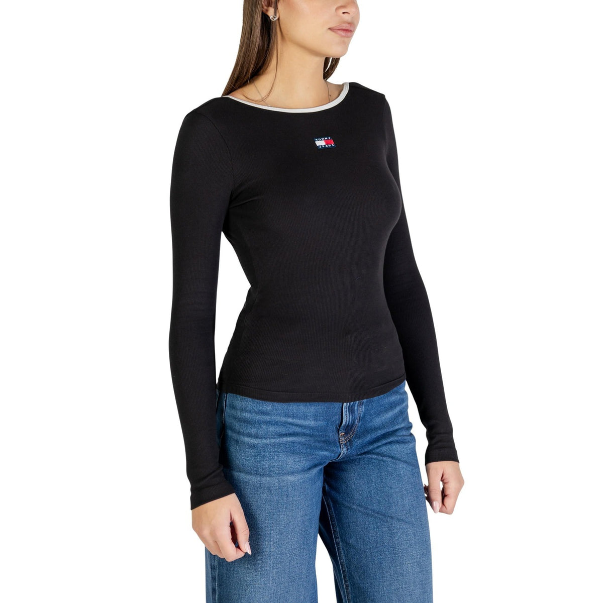 Image 3 : Pull noir Tommy Hilfiger Jeans femme col rond manches longues vue profil — delvale