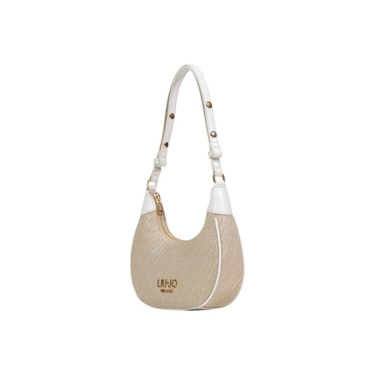 Image 2 : Vue de face du sac hobo Liu Jo monogramme beige, fermeture éclair latérale dorée et finitions crème visibles — Delvale