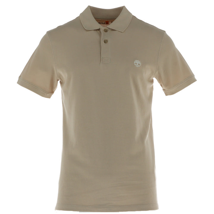 Image 1 : Polo homme Timberland piqué beige, vue de face, col polo 3 boutons et logo arbre brodé poitrine gauche — Delvale